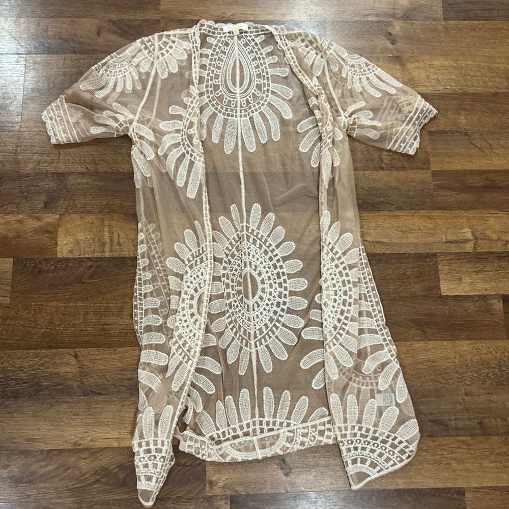 Rebellion Sheer Embroidered Kimono in Nude and White